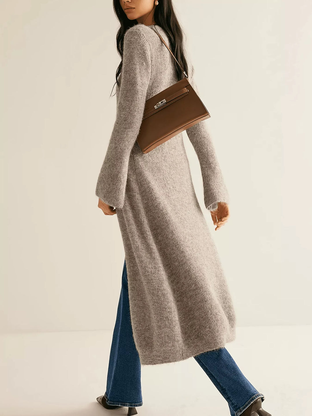 Ribbed knit longline button-down cardigan with bell sleeves