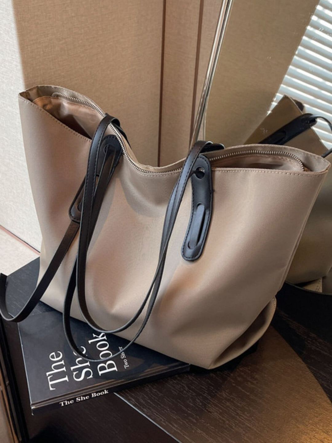 Large capacity nylon shoulder tote bag with contrast straps