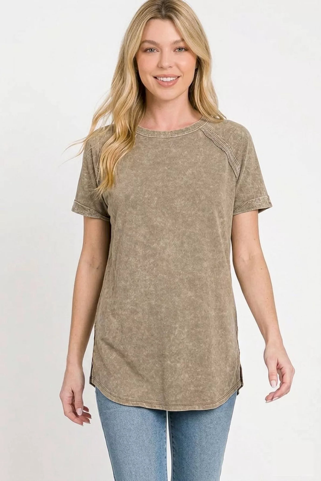 Washed French terry curved-hem top with side slits