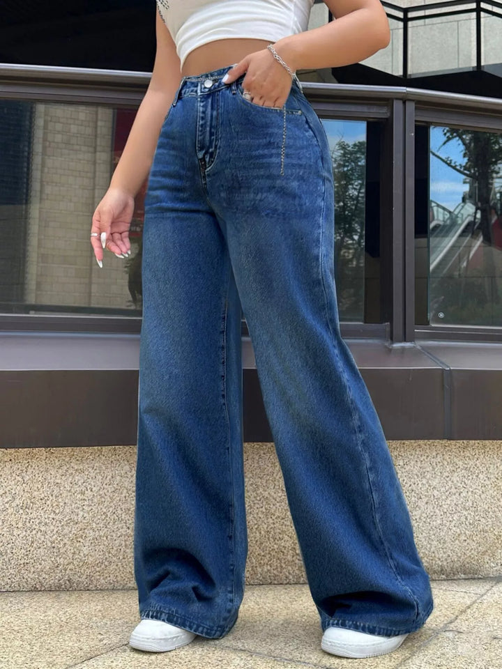 High-rise wide leg jeans with faded whiskering