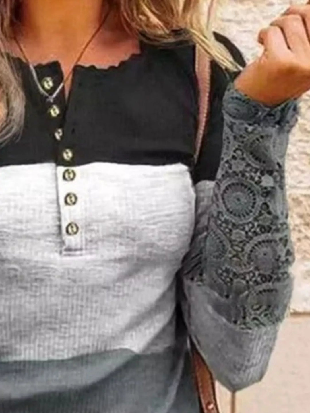 Color block henley top with lace-trim sleeves