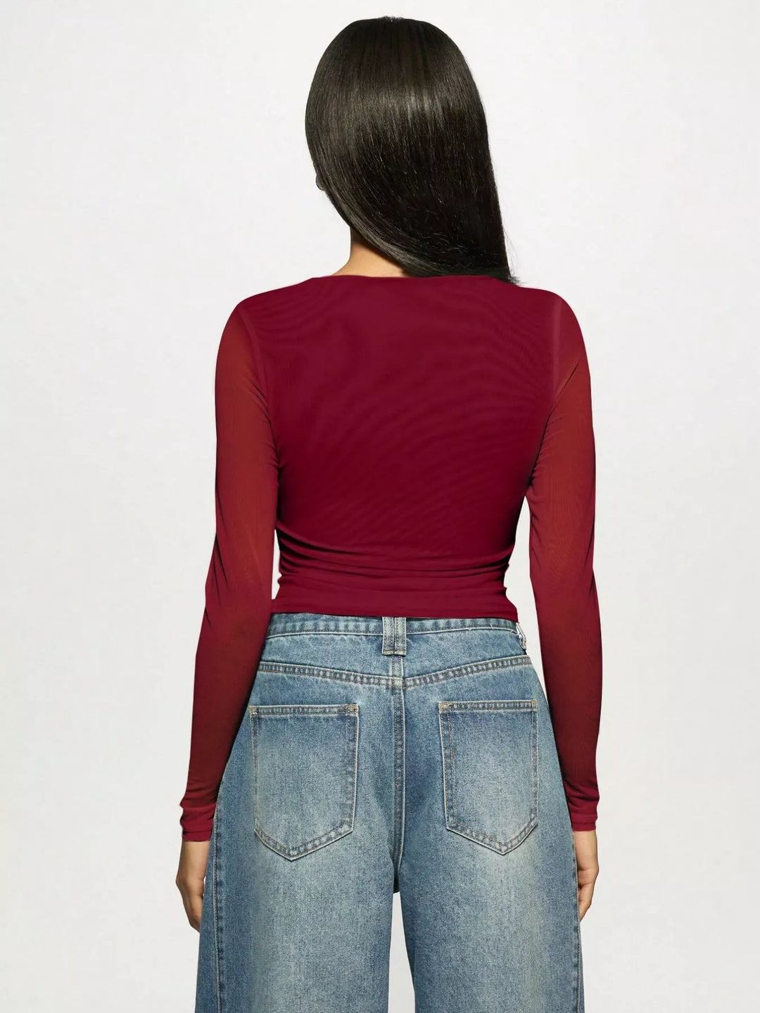 Sheer mesh rhinestone long sleeve crop top