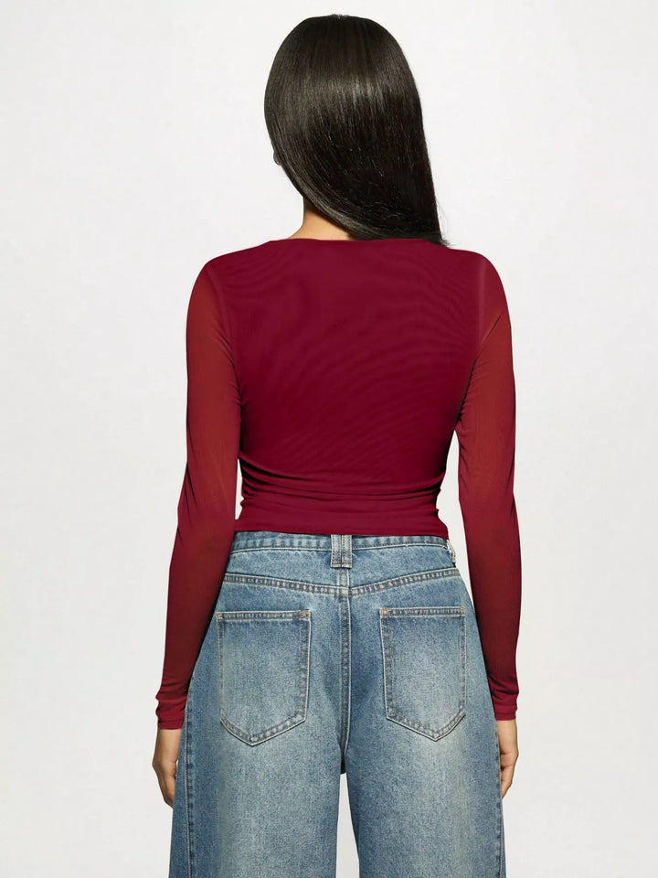 Sheer mesh rhinestone long sleeve crop top