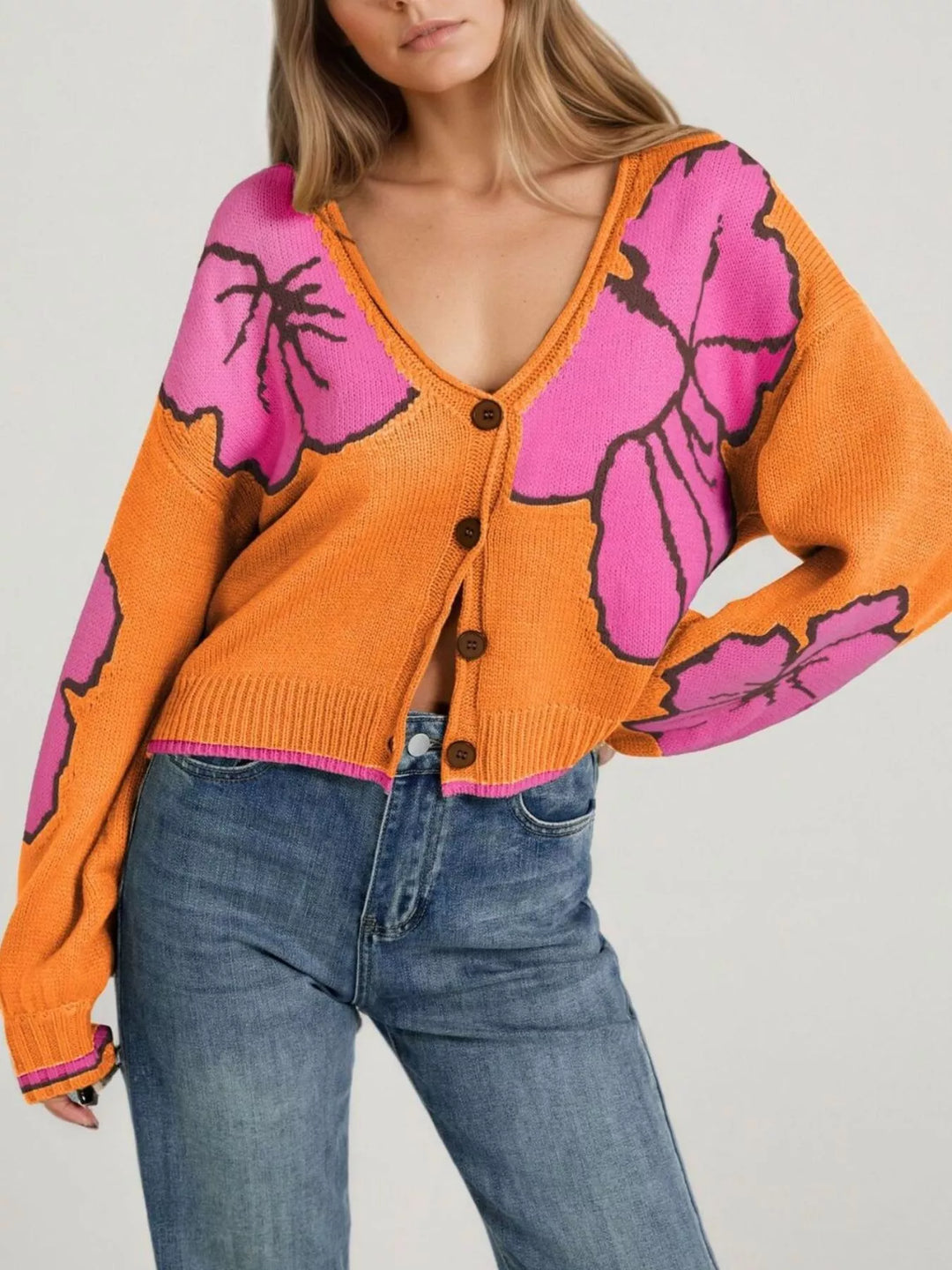Orange Floral intarsia knit cardigan with deep V-neck and buttons