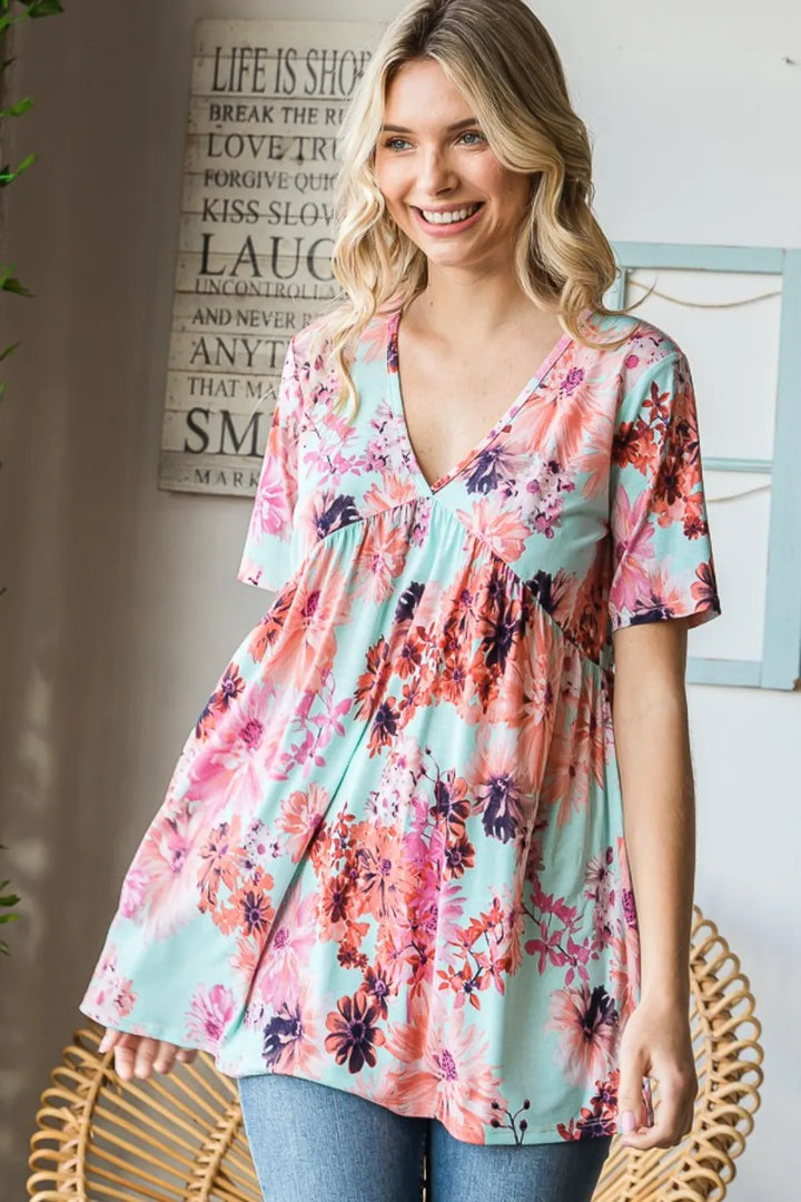 Floral V-neck short sleeve babydoll tunic top