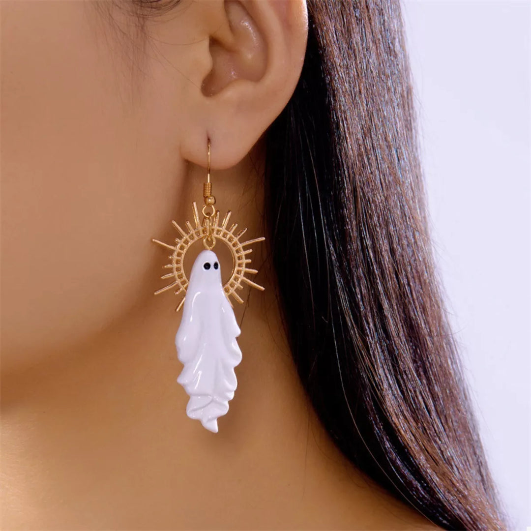Halloween ghost drop earrings with sunburst halo