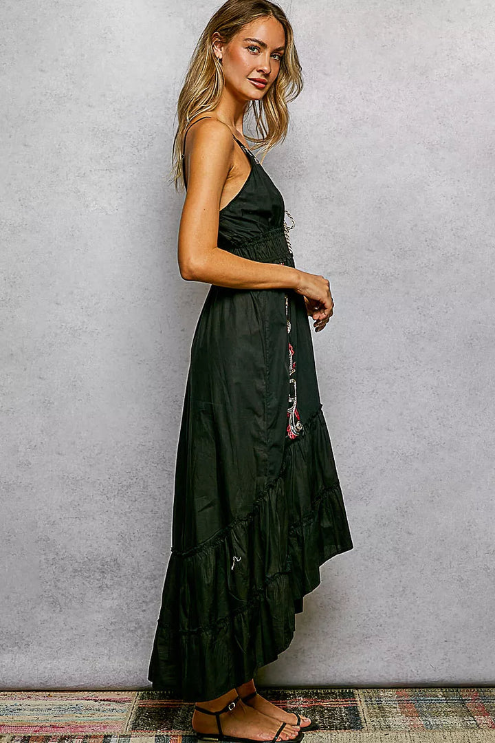 Embroidered tiered midi cami dress with tassel tie
