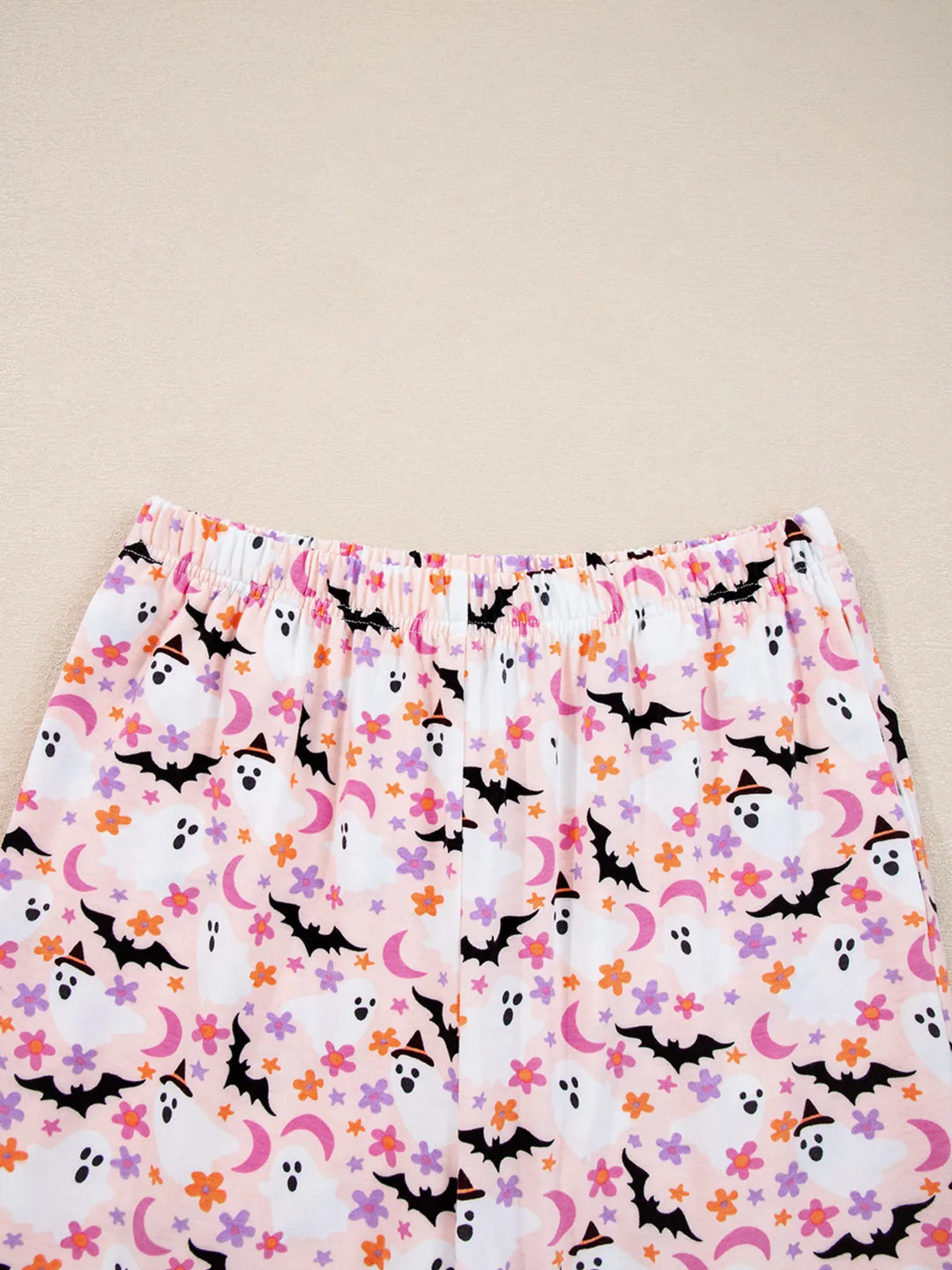 Ghost and bat print button-up pajama set with piped trim