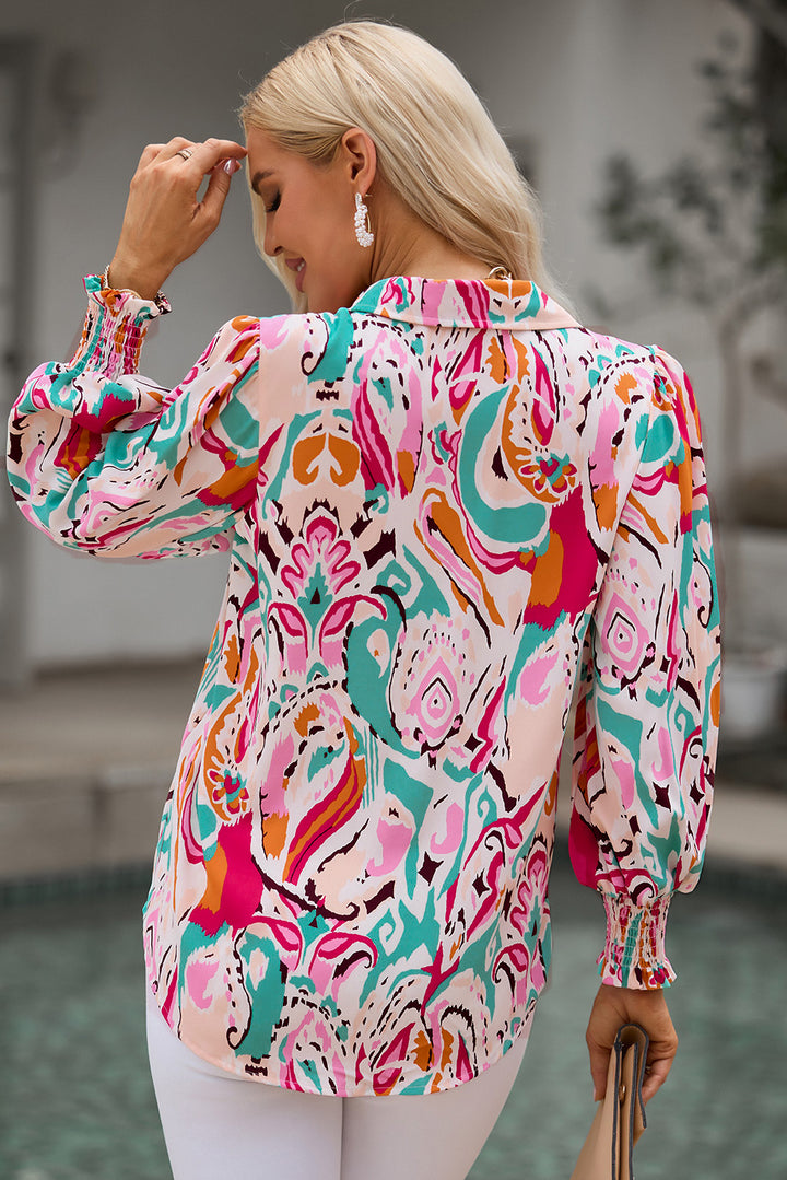 Abstract print lantern sleeve collared blouse