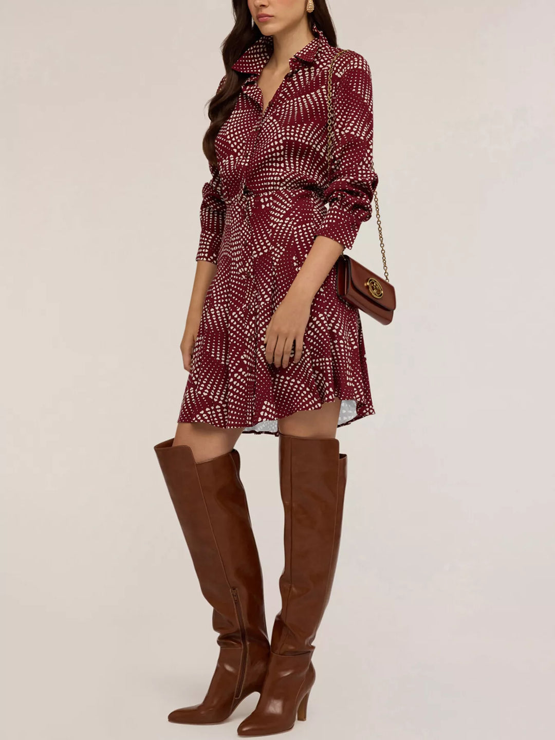 Abstract dot print long sleeve mini shirt dress