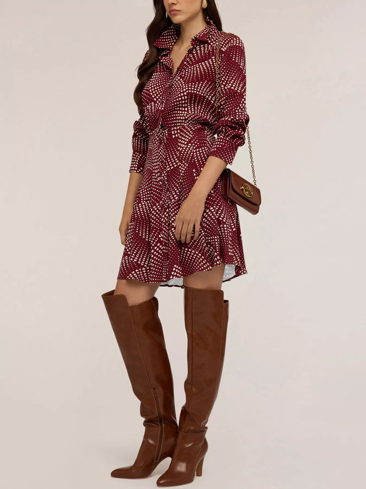 Abstract dot print long sleeve mini shirt dress