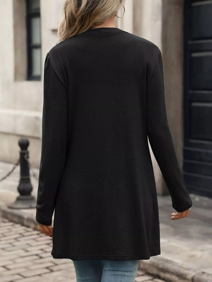 Longline V-neck button-front cardigan with patch pockets