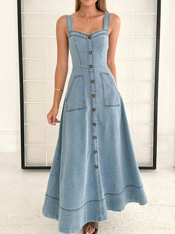 Light Blue Sweetheart neckline button-front denim maxi dress with pockets