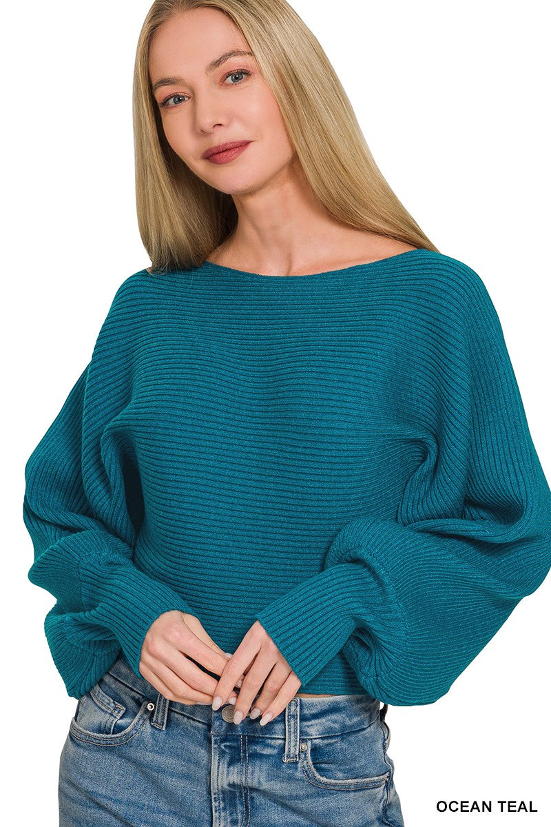 Ribbed knit boat neck sweater with balloon sleeves
