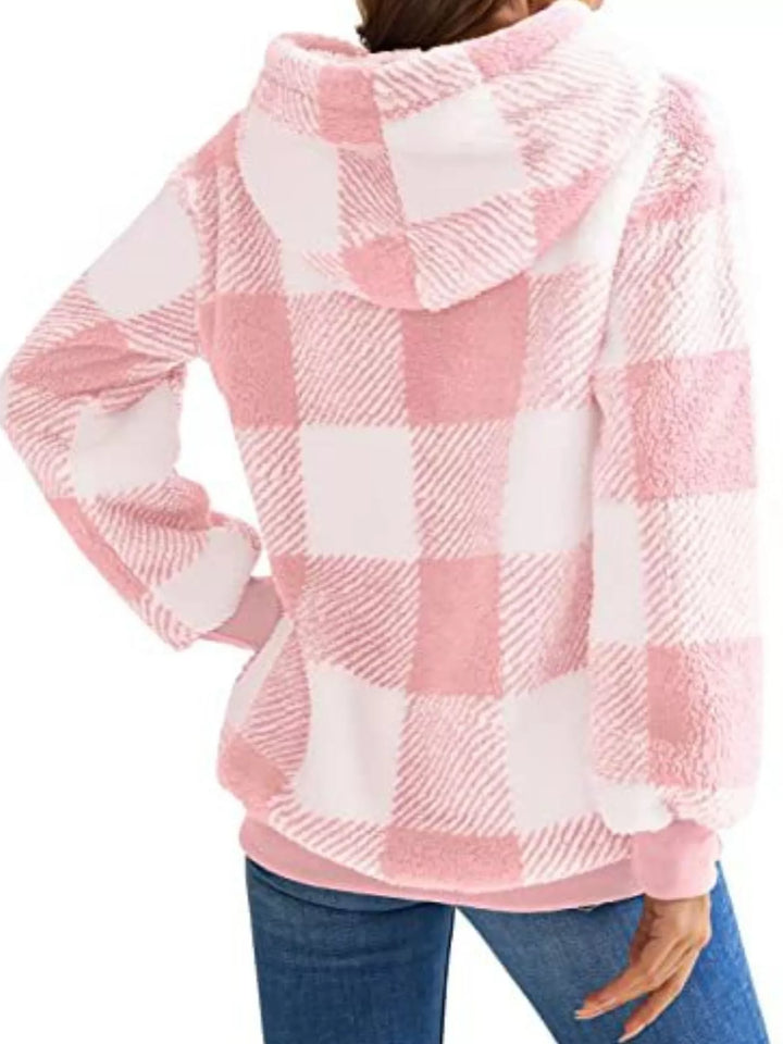 Plaid sherpa quarter-zip hoodie with front pocket