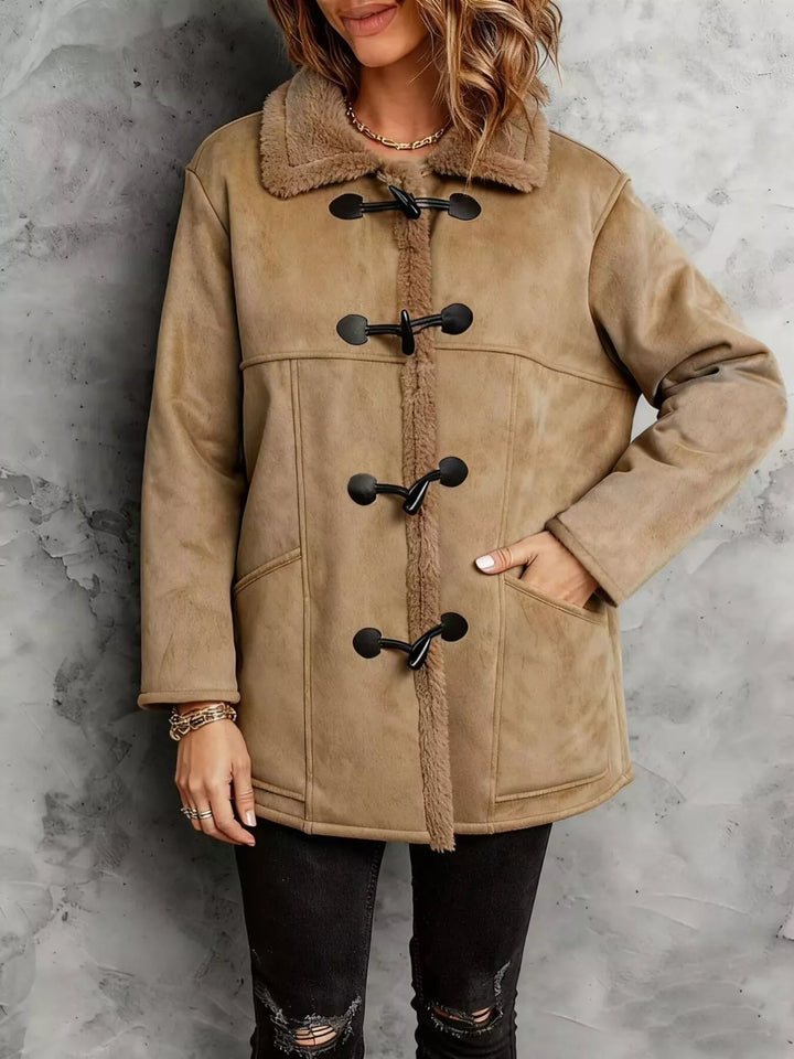 Khaki Faux suede sherpa-lined coat with toggle closures