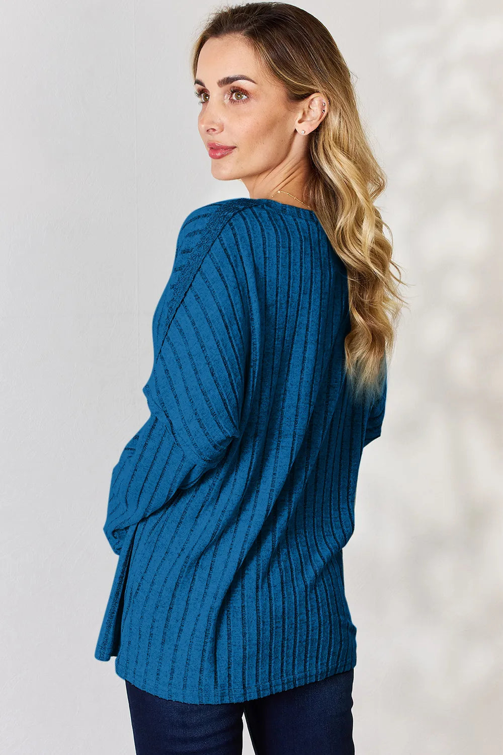 Ribbed knit half-button henley long sleeve top