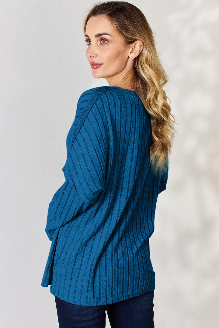 Ribbed knit half-button henley long sleeve top