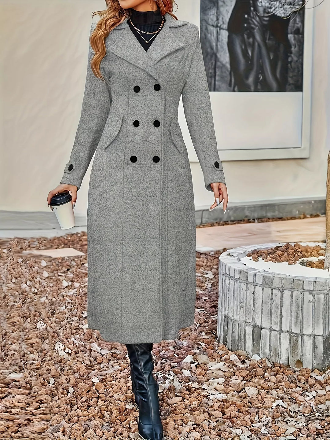 Double-breasted longline trench coat with notch lapels