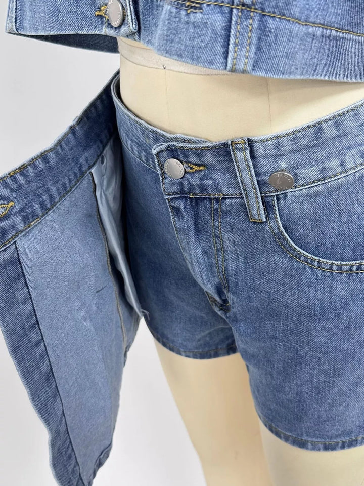Contrast-stitch denim button-up crop shirt and skort set
