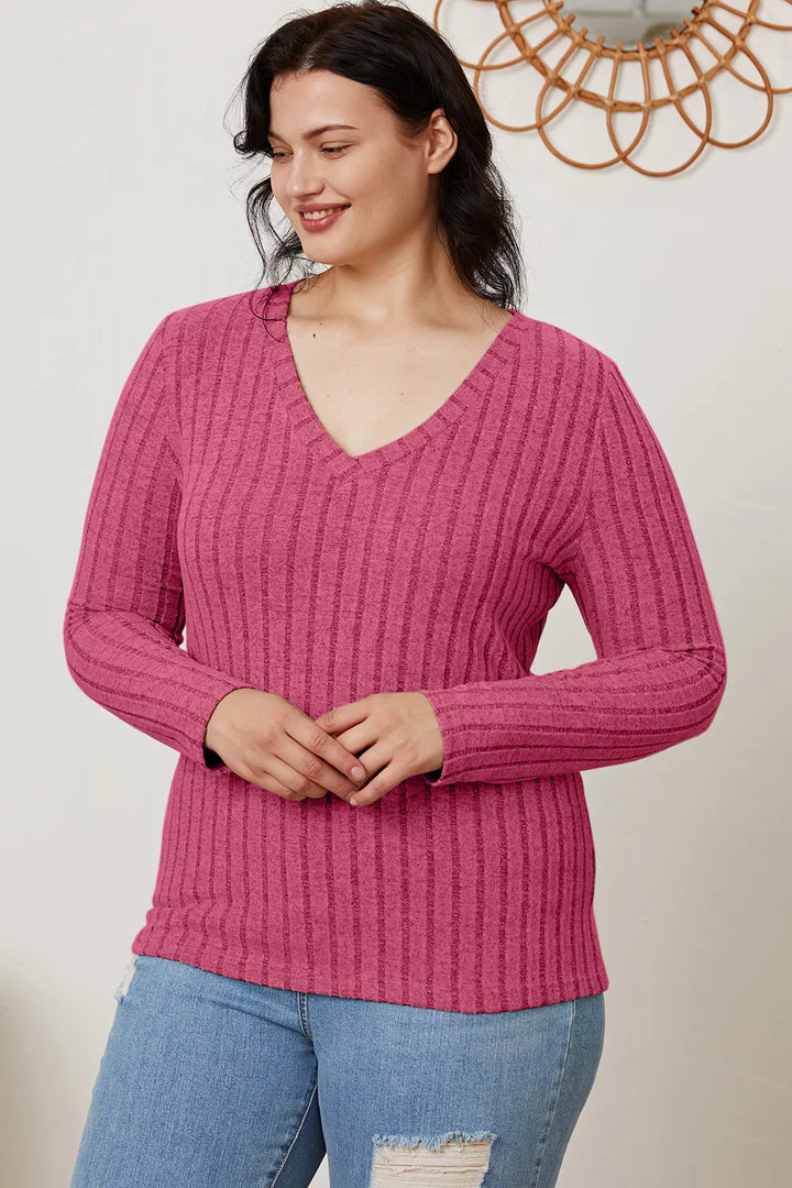 Ribbed v-neck long sleeve knit top