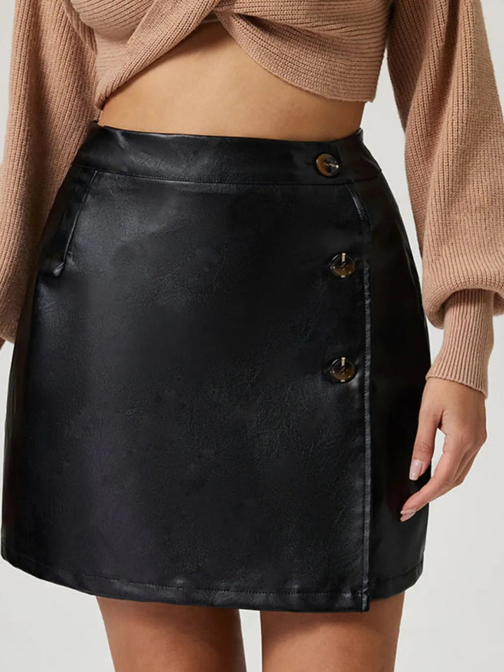 Faux leather high-rise mini skirt with button front detail