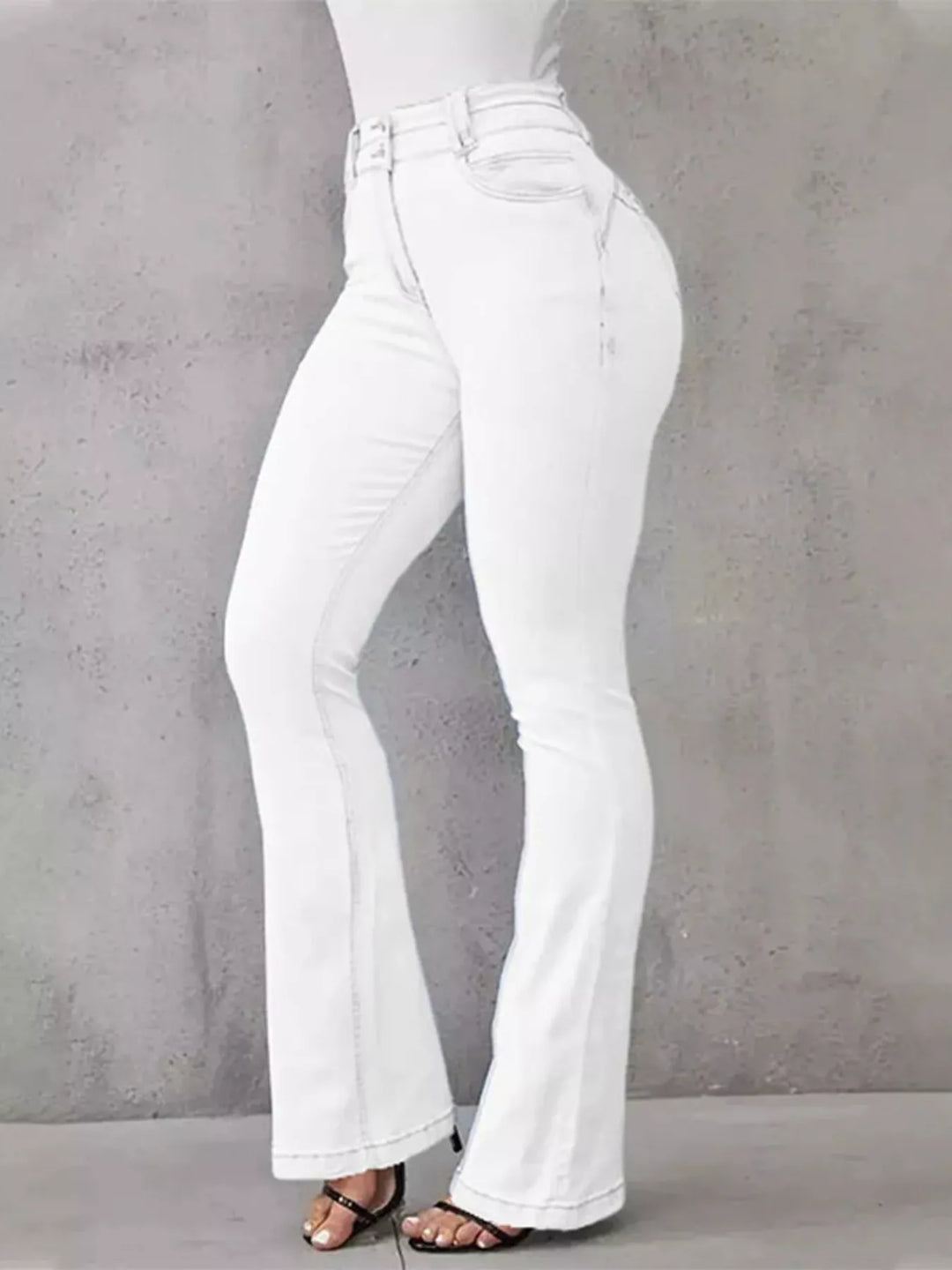 White High-rise stretch flare jeans with double-button waist