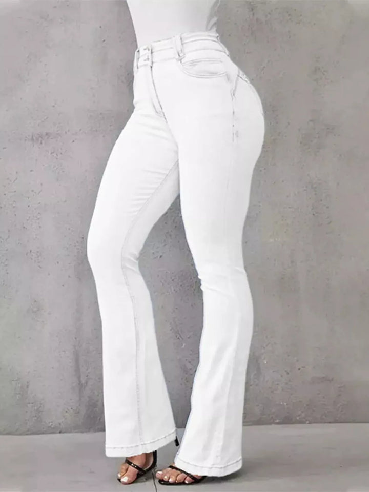 White High-rise stretch flare jeans with double-button waist