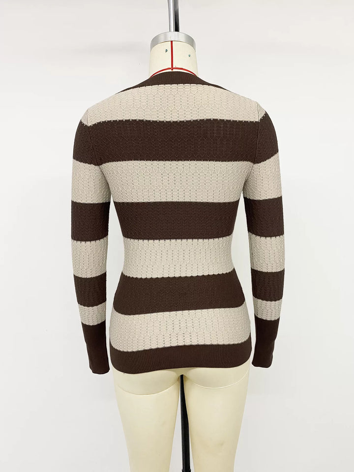 Striped cable knit v-neck pullover with ribbed trim