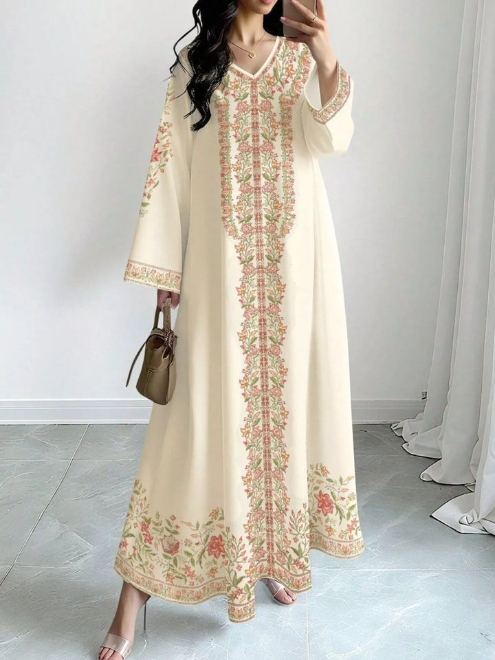 Apricot Floral border print V-neck long sleeve maxi dress