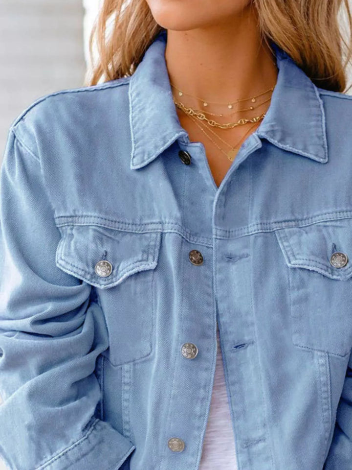 Cropped button-up denim jacket with chest pockets