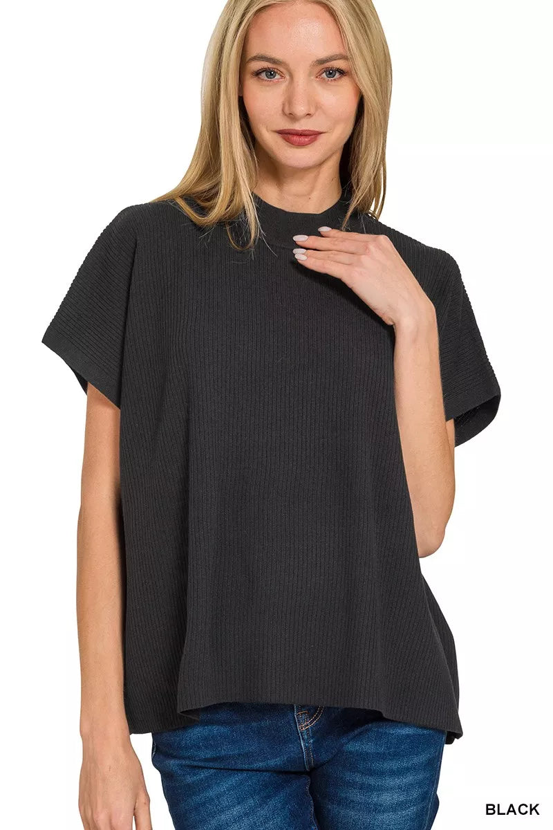 BLACK Ribbed mock neck short sleeve boxy sweater