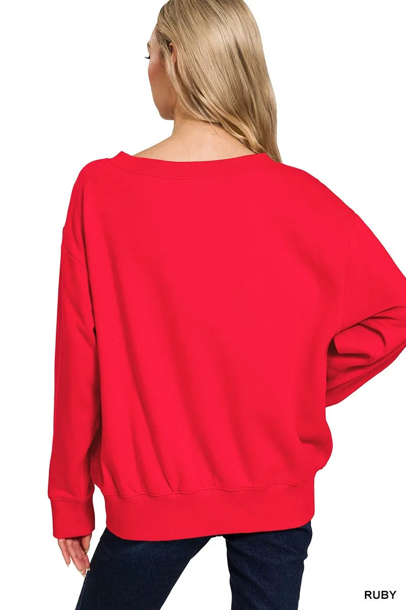 Boat neck fleece sweatshirt with ribbed cuffs and hem