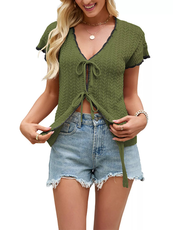 Tie-front openwork knit top with contrast trim