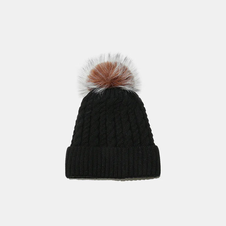 Black Braided cable knit pompom beanie with fold-over cuff