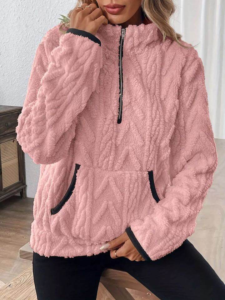 Pink Textured fleece half-zip pullover with kangaroo pocket