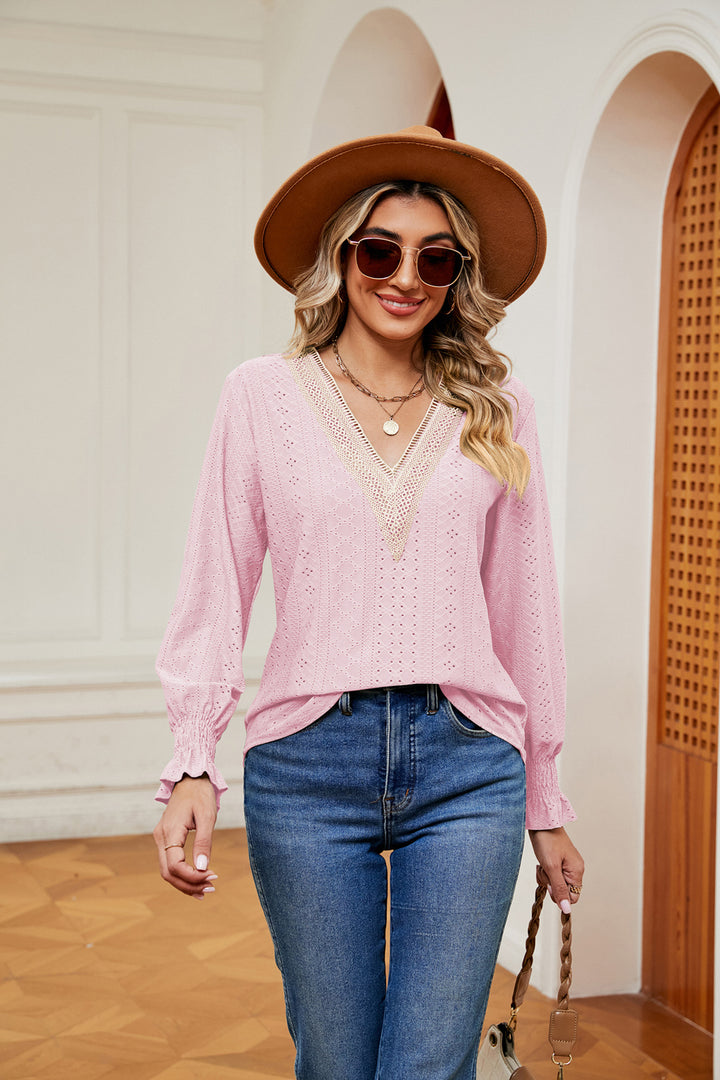 Contrast crochet V-neck eyelet blouse with flounce cuffs