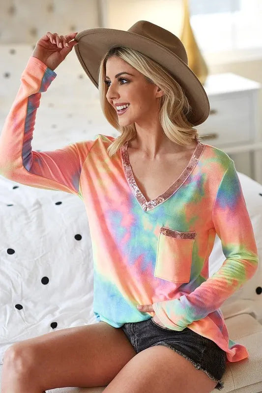 PASTEL TIE DYE Tie-dye terry knit V-neck top with sequin trim
