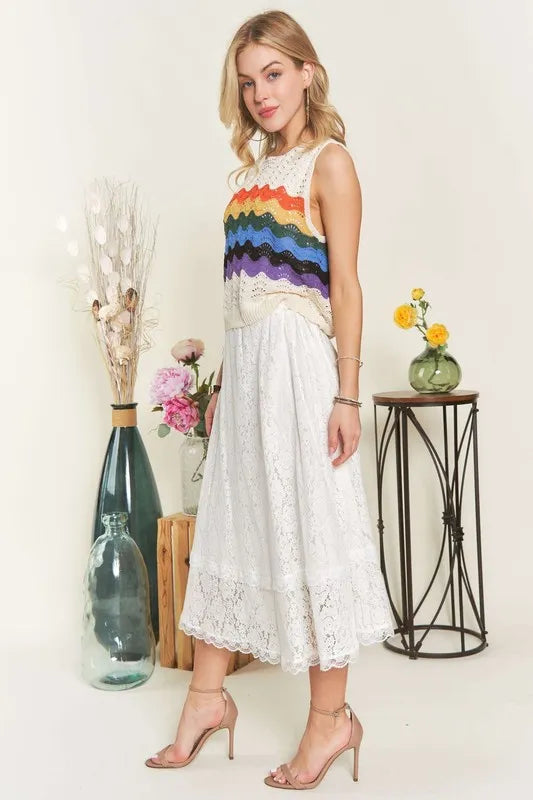 Floral lace A-line midi skirt with scalloped hem
