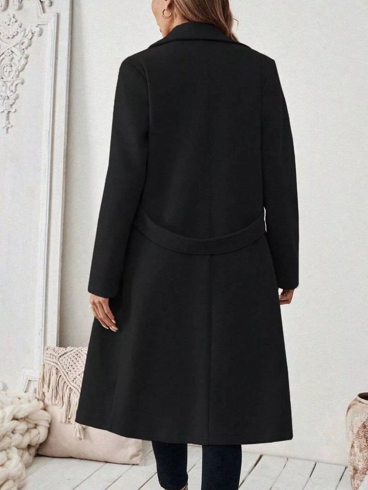 Notch lapel open-front longline coat with side pockets