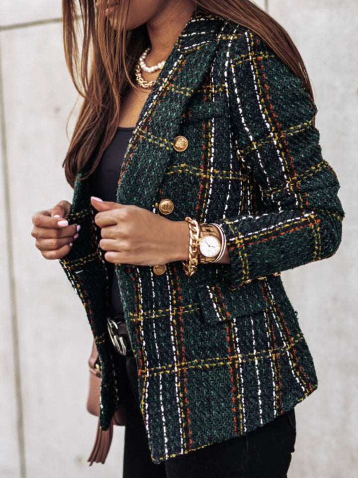 Plaid tweed double-breasted blazer with gold buttons