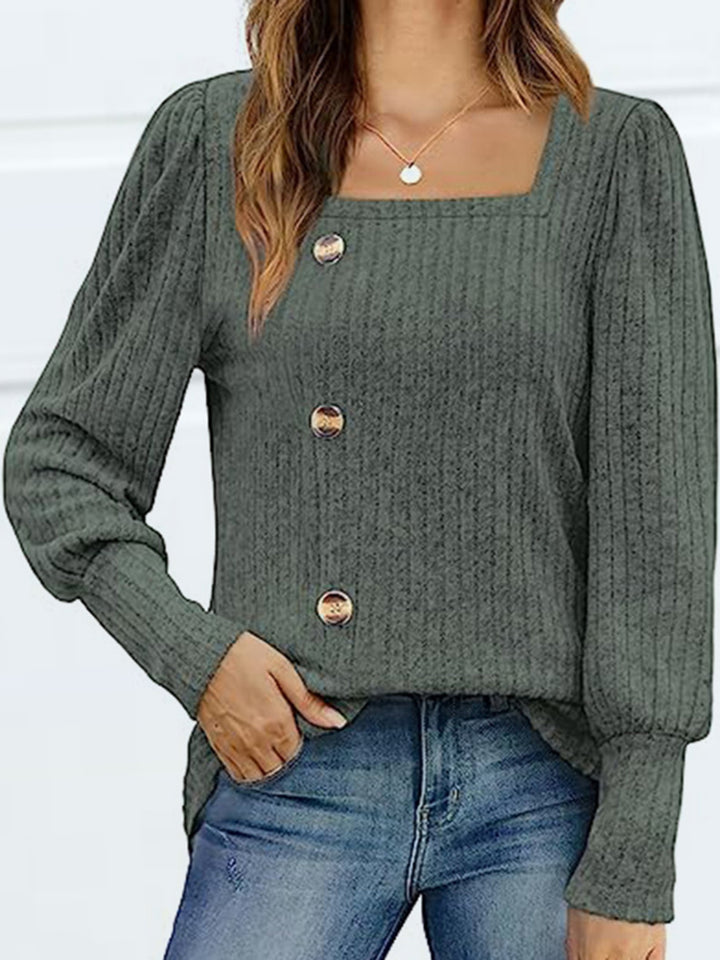 Sage Ribbed knit square neck top with decorative buttons