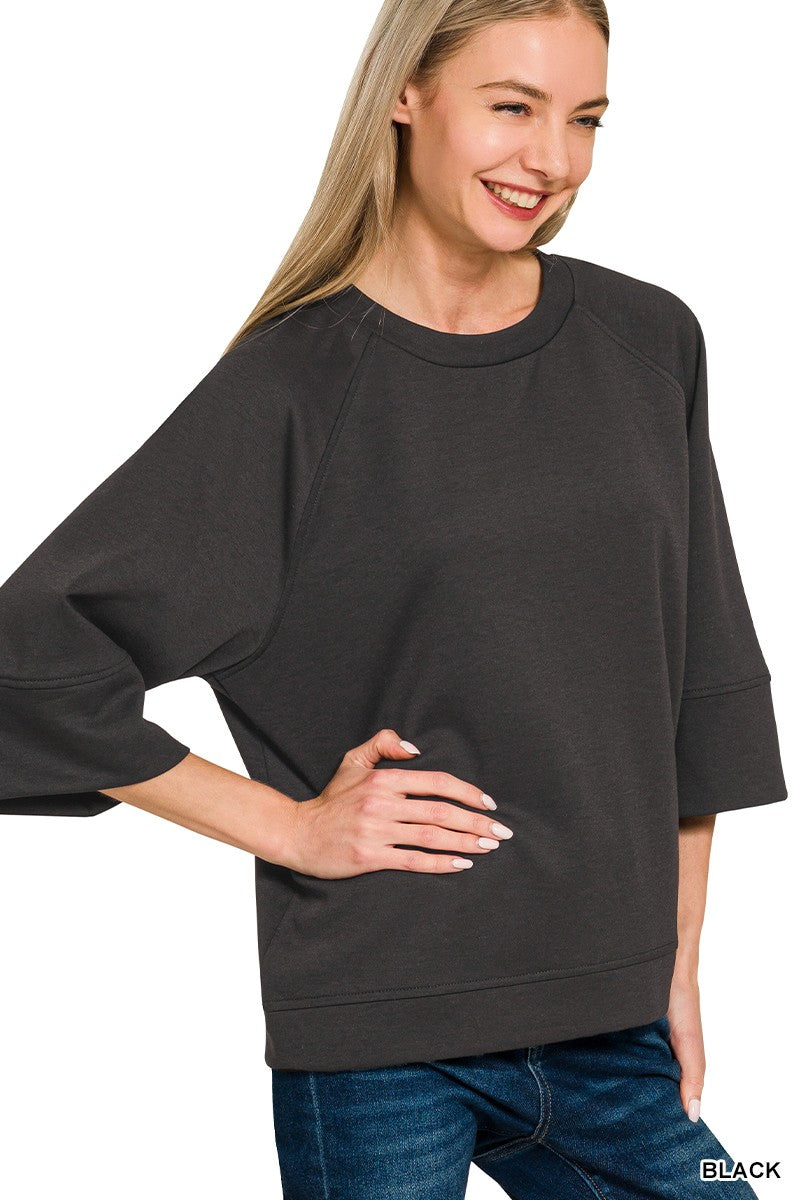 Scuba knit bell sleeve pullover with crew neck