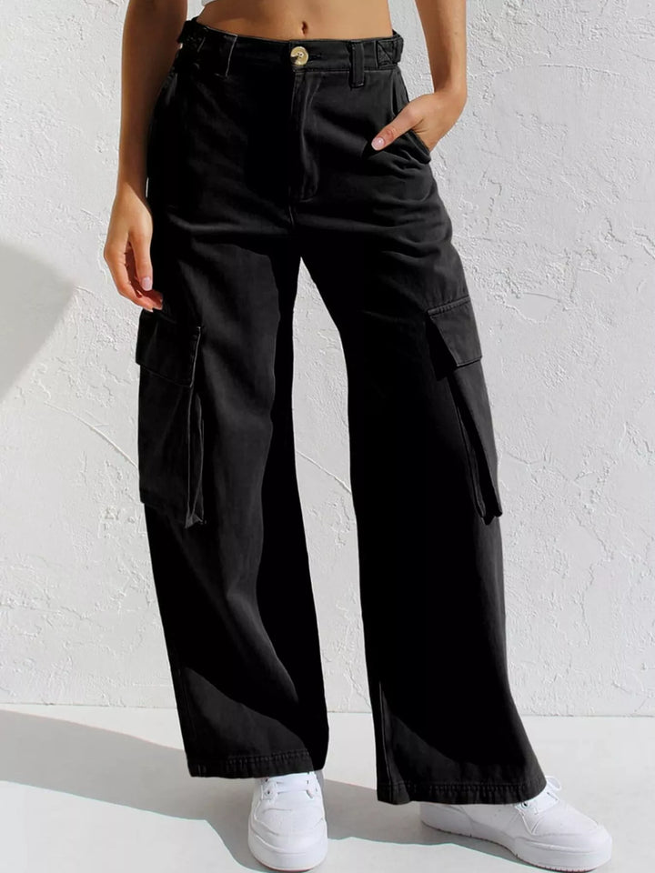Black High-rise wide-leg cargo jeans with flap pockets