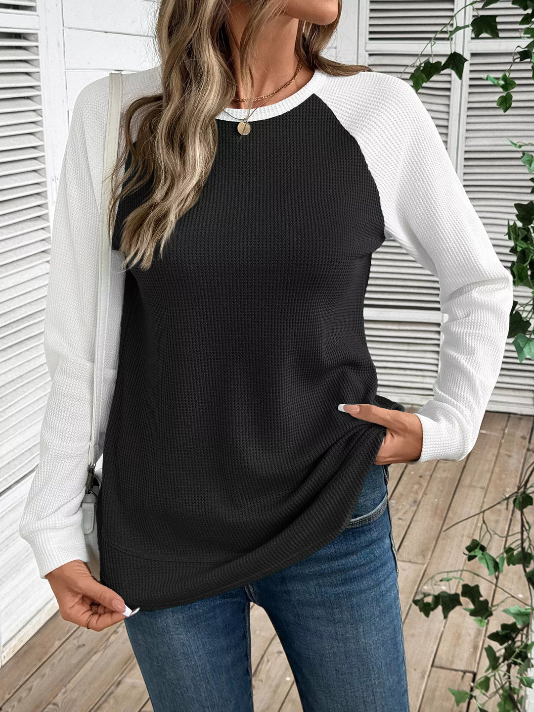 Contrast raglan waffle knit long sleeve top