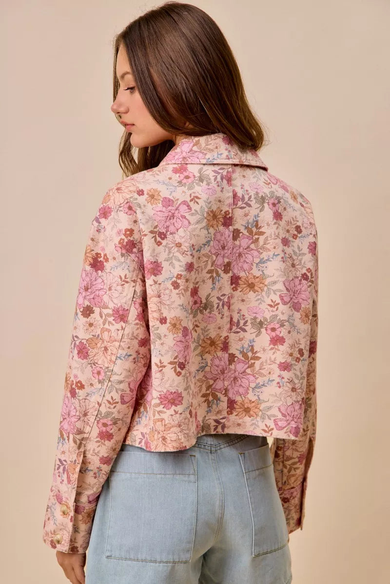 Cropped floral cotton twill barn jacket with patch pockets