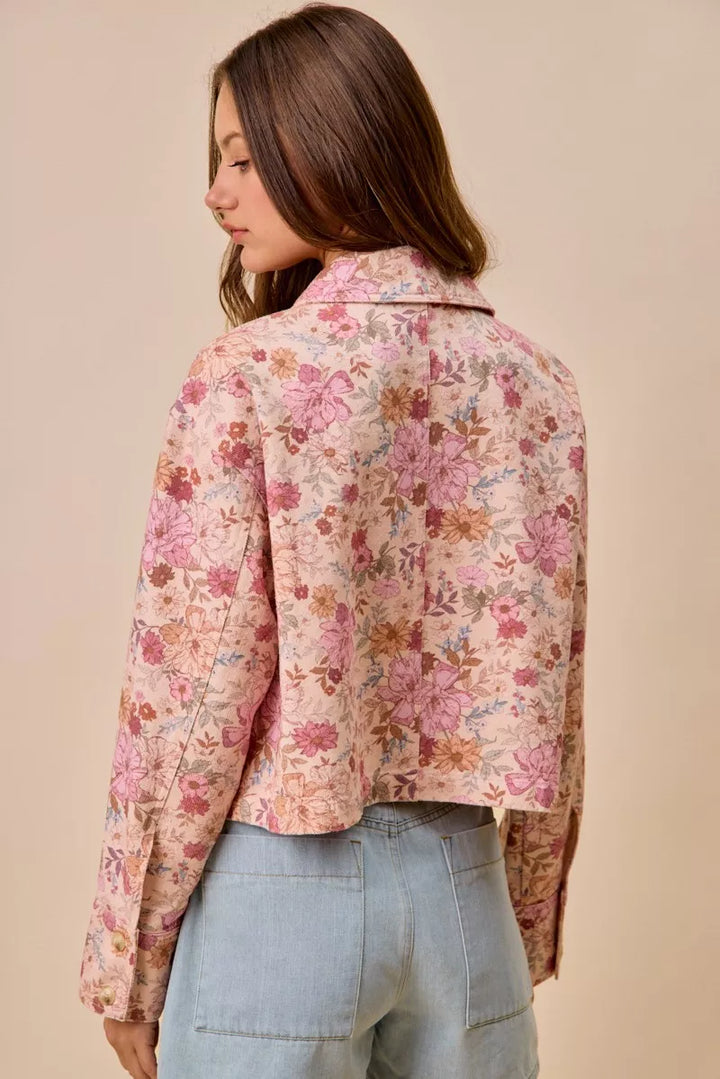 Cropped floral cotton twill barn jacket with patch pockets