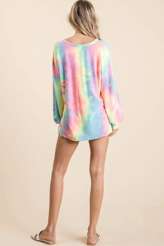 Tie-dye French terry V-neck top with balloon sleeves