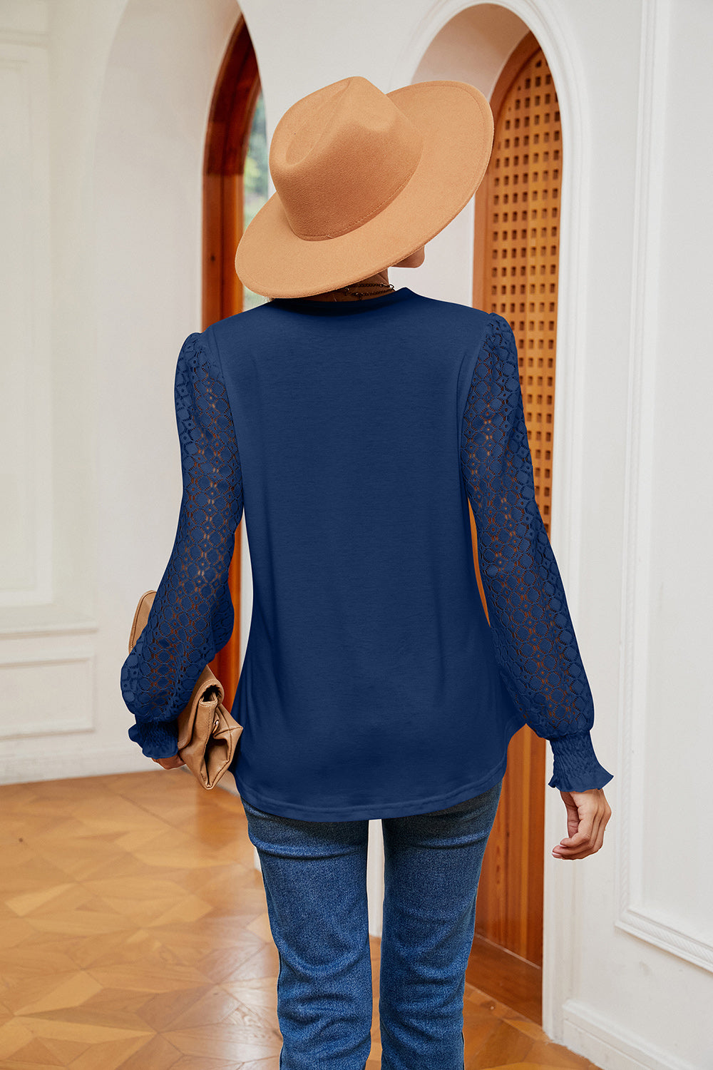 Contrast lace V-neck blouse with crochet long sleeves