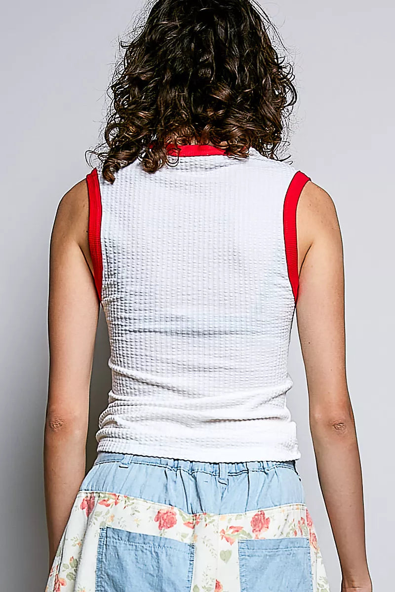 Ribbed V-neck tank with contrast neckline trim